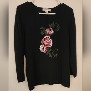 Dressbarn Sweater Black Beaded Sequined Flowers XL